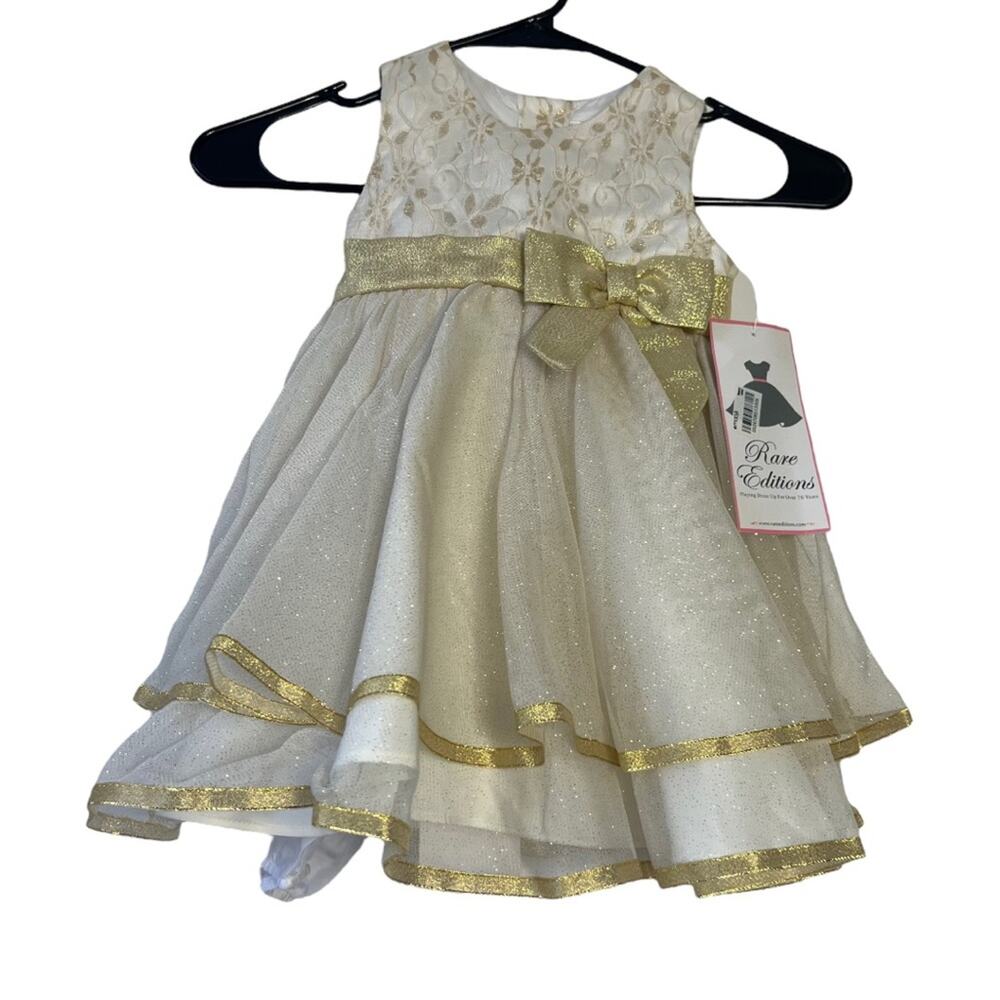 Rare Editions Gold Ruffle Sparkle Bow Special Occasion Dress Girls Size 24 M